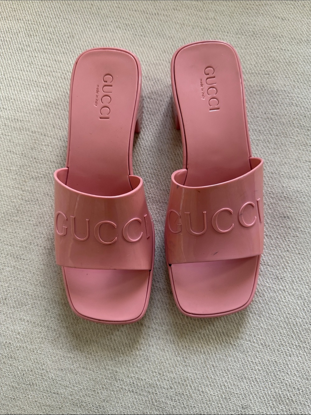 Authentic Gucci Pink Embossed Logo Slide Mules size 37